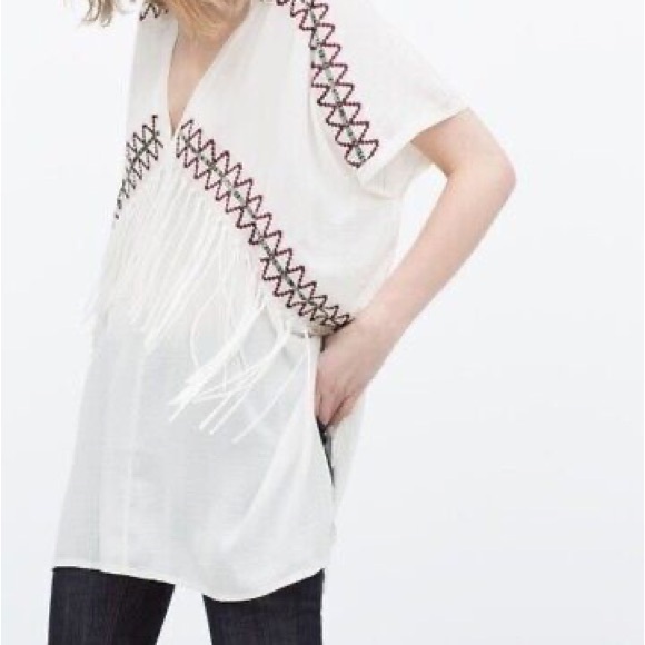 Zara White Fringe Deep VNeck Oversized Embroidered Festival Boho Tribal Top 3465 - Picture 2 of 8